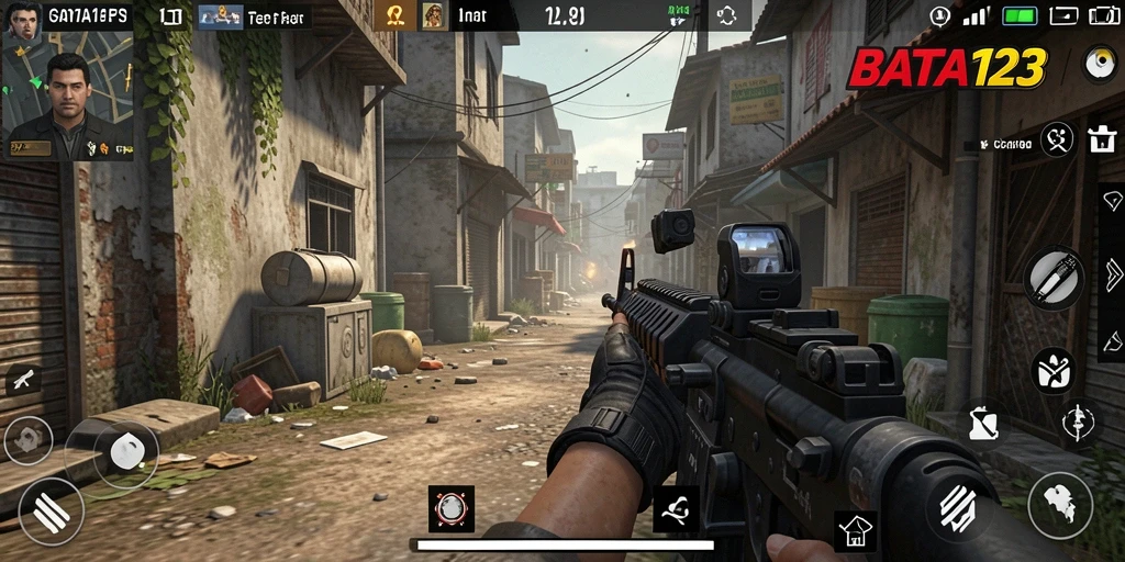 Screenshot gameplay dari BATA123 menunjukkan aksi tembak-menembak yang intens.