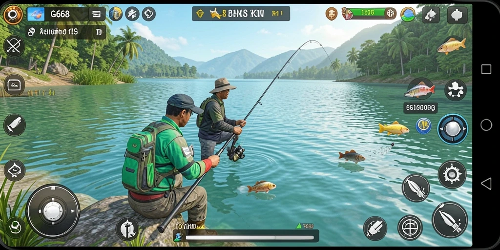 Screenshot G668 menampilkan gameplay memancing yang seru dan grafis yang menawan.
