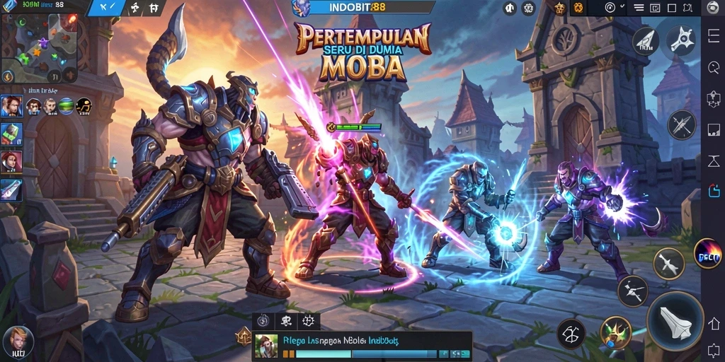 Gameplay seru INDOBIT88 dengan pertarungan MOBA yang mendebarkan.