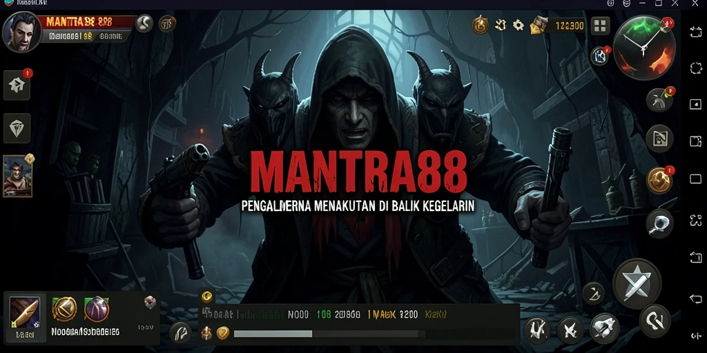 Tampilan gameplay mencekam dalam MANTRA88 yang menampilkan suasana horror.